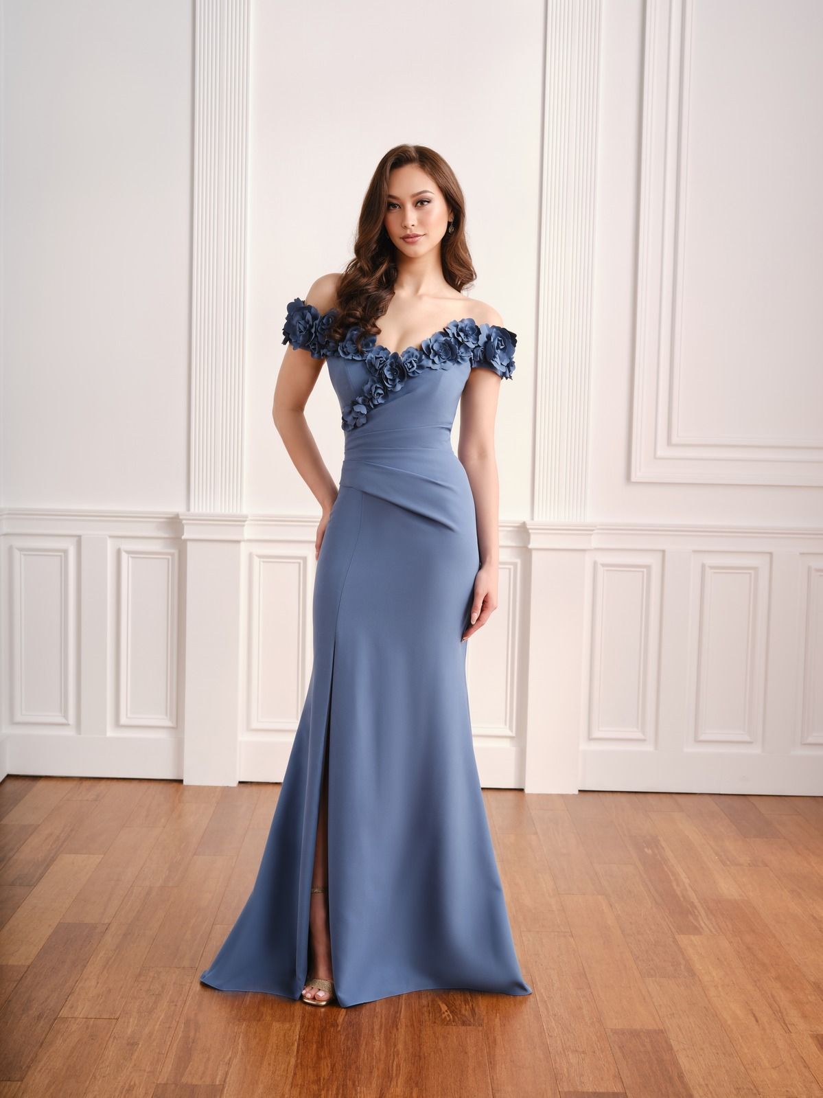 Fifi's Private Collection – Style UM109: Off-the-Shoulder 3D Rosette Crepe Gown
