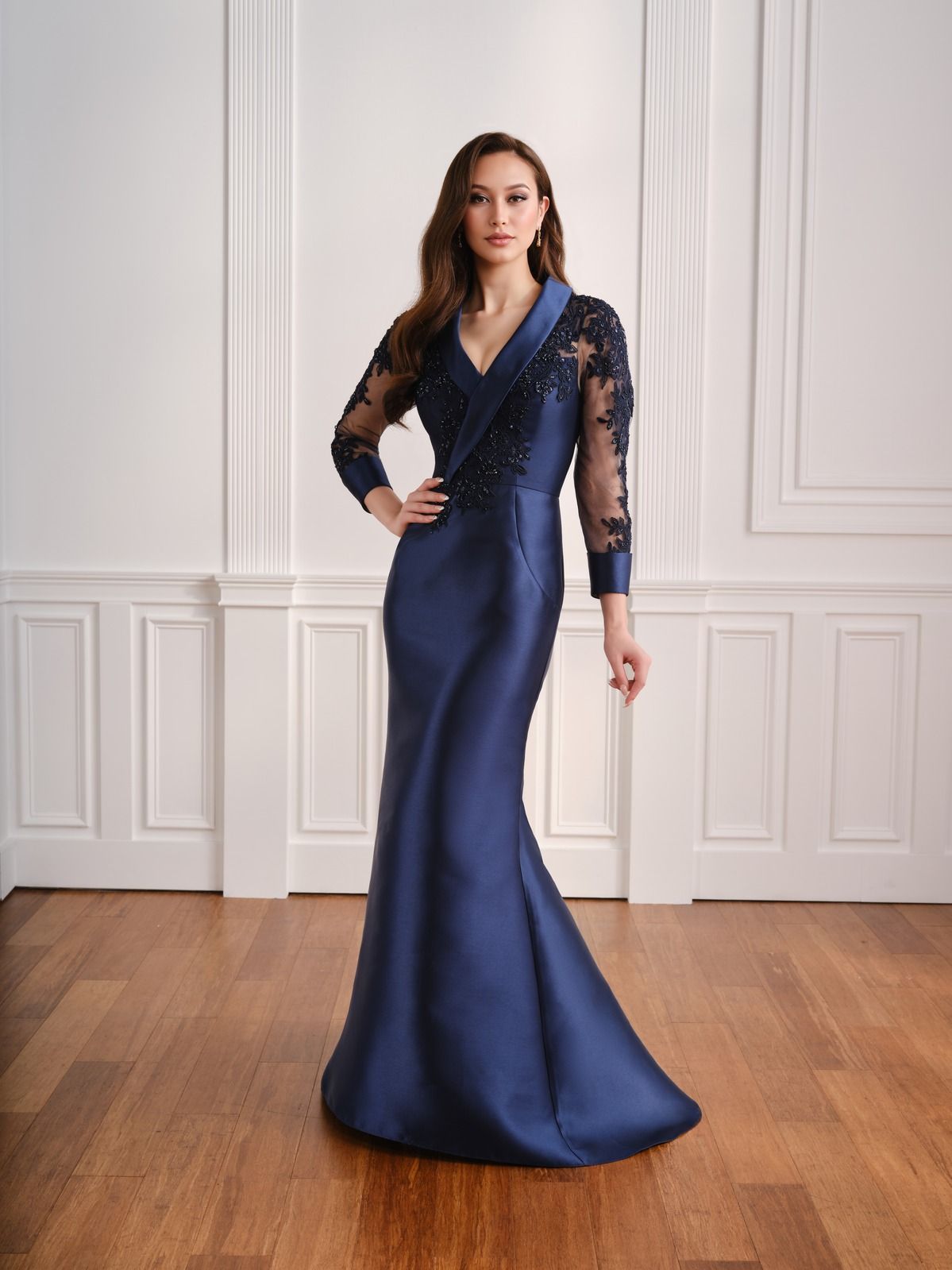 Fifi's Private Collection – Style UM110: Tuxedo-Lapel Beaded Lace Illusion Gown