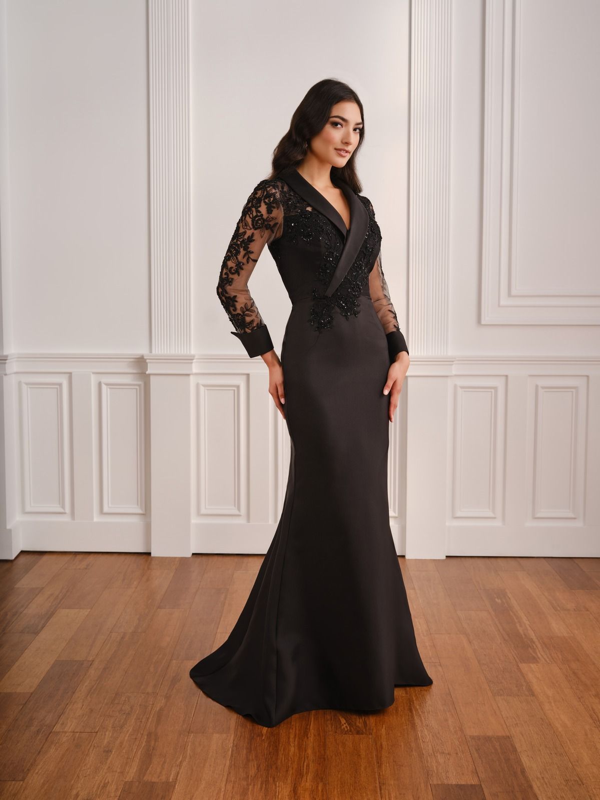 Fifi's Private Collection – Style UM110: Tuxedo-Lapel Beaded Lace Illusion Gown
