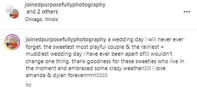 Instagram post about a wedding day. Text says