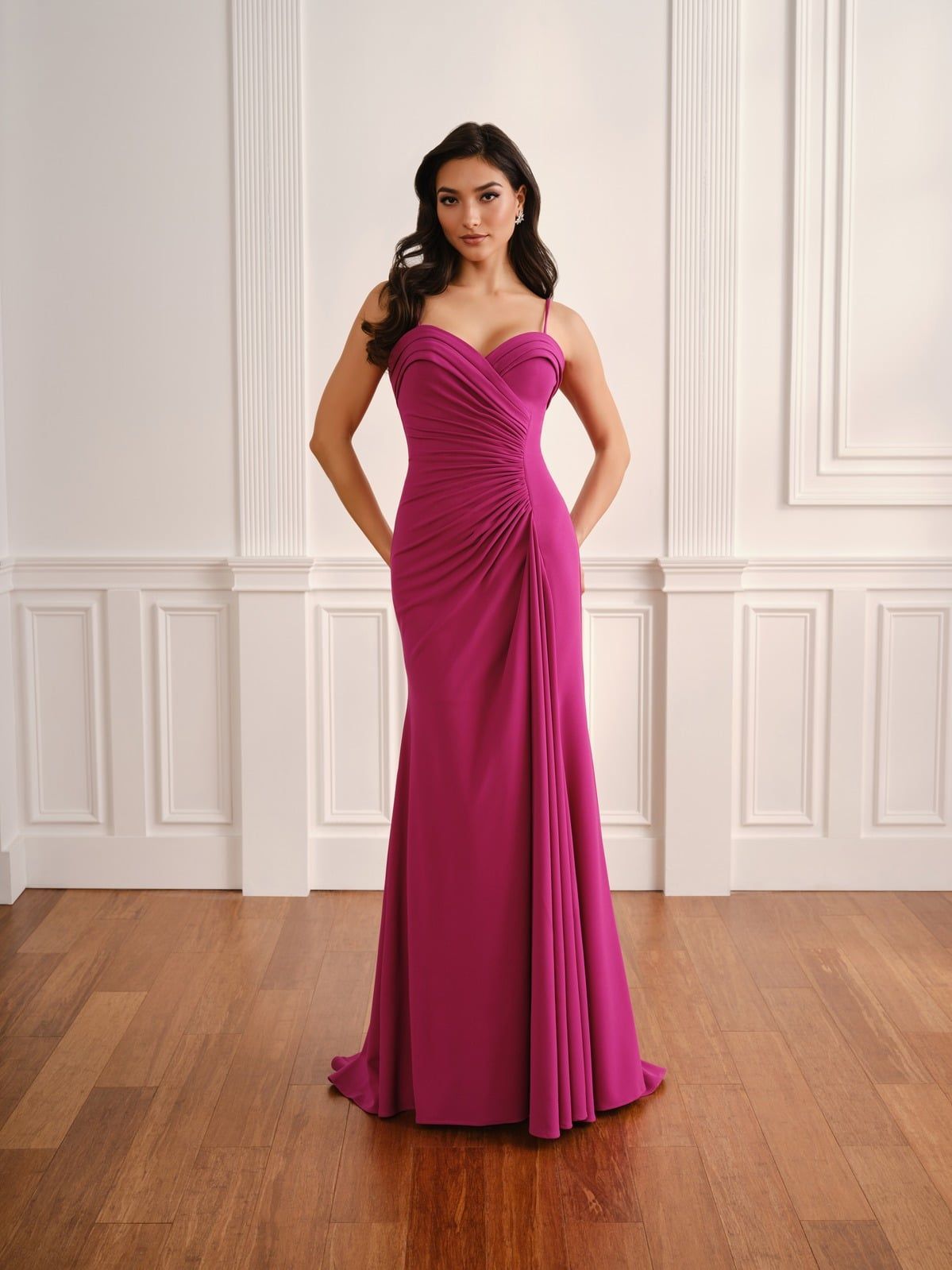 Woman in a magenta strapless gown standing in a white-paneled room with wooden floors.