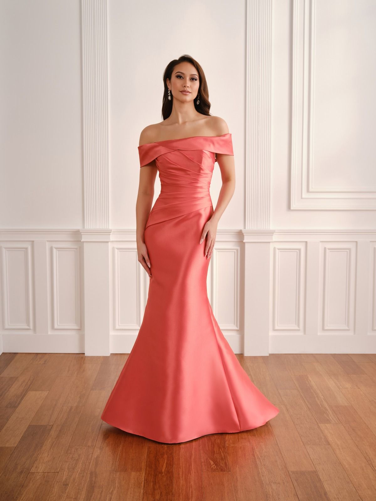 Fifi's Private Collection – Style UM203: Off-the-Shoulder Pleated Satin Trumpet Gown