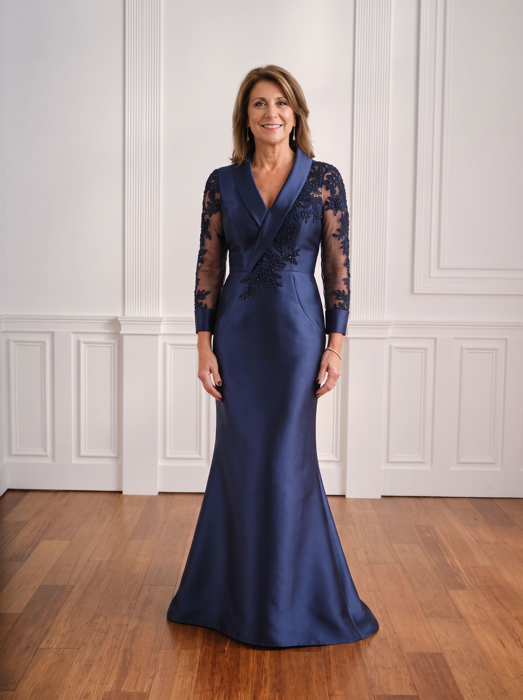 Woman in a navy lace evening gown standing in a white-paneled room on a wooden floor