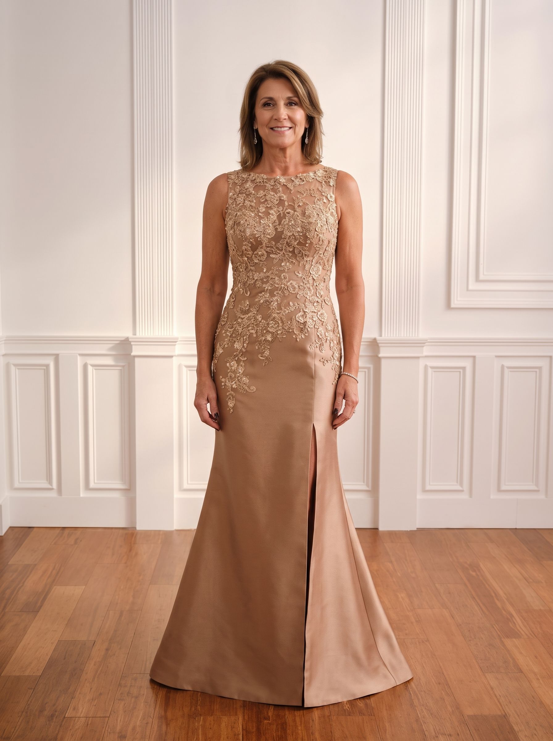 Woman in a gold sequined gown standing in a white paneled room