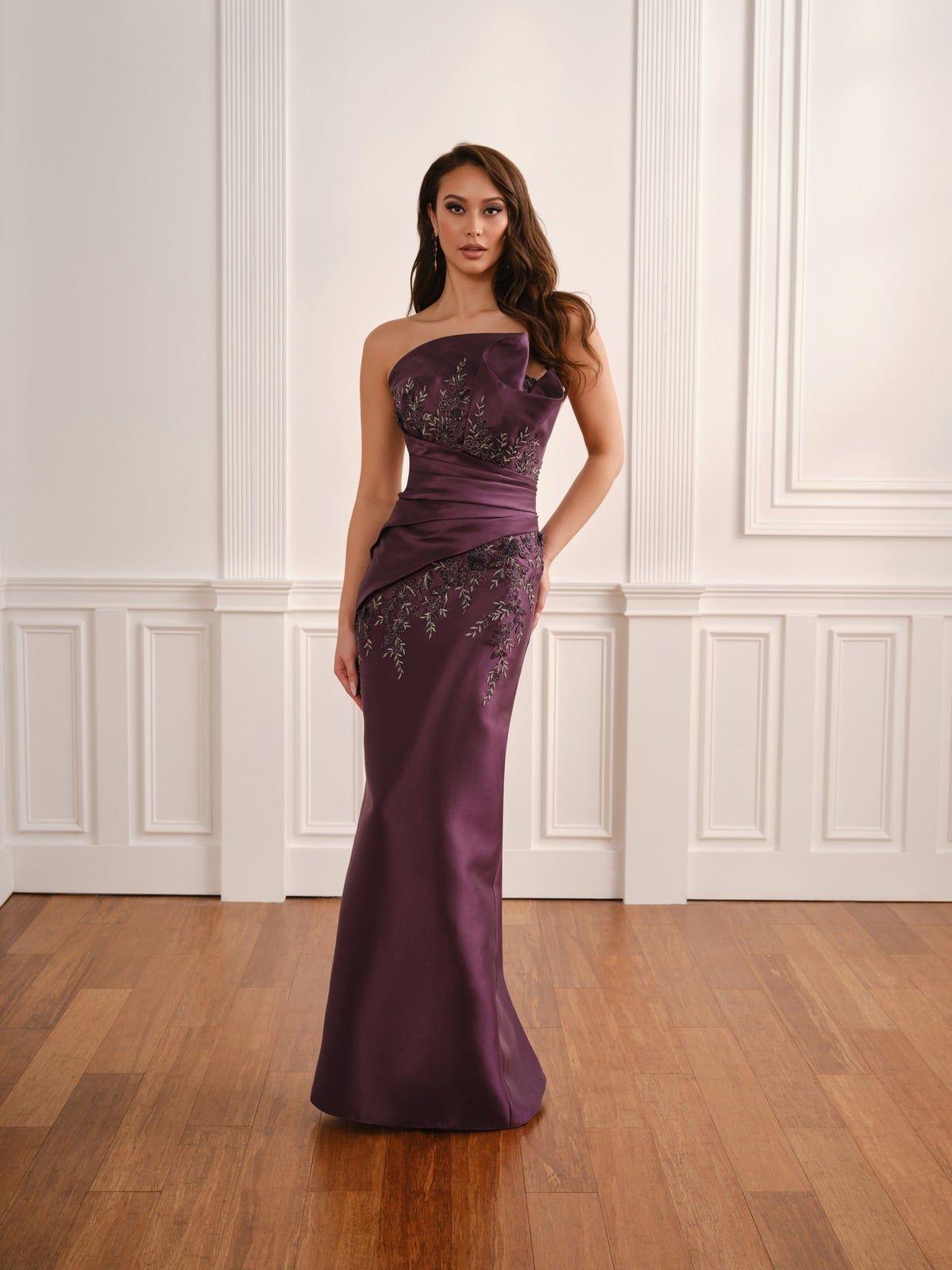 Fifi's Private Collection – Style UM208: Strapless Sculpted Fold Beaded Satin Column Gown