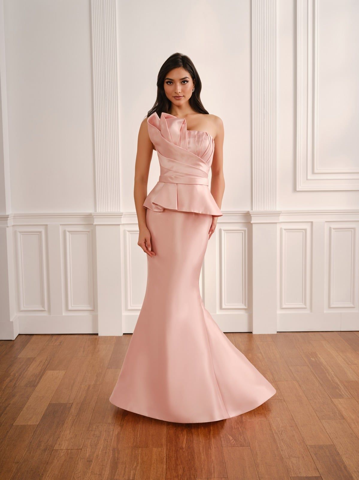 Fifi's Private Collection – Style UM209: Asymmetrical Sculpted Peplum Satin Trumpet Gown