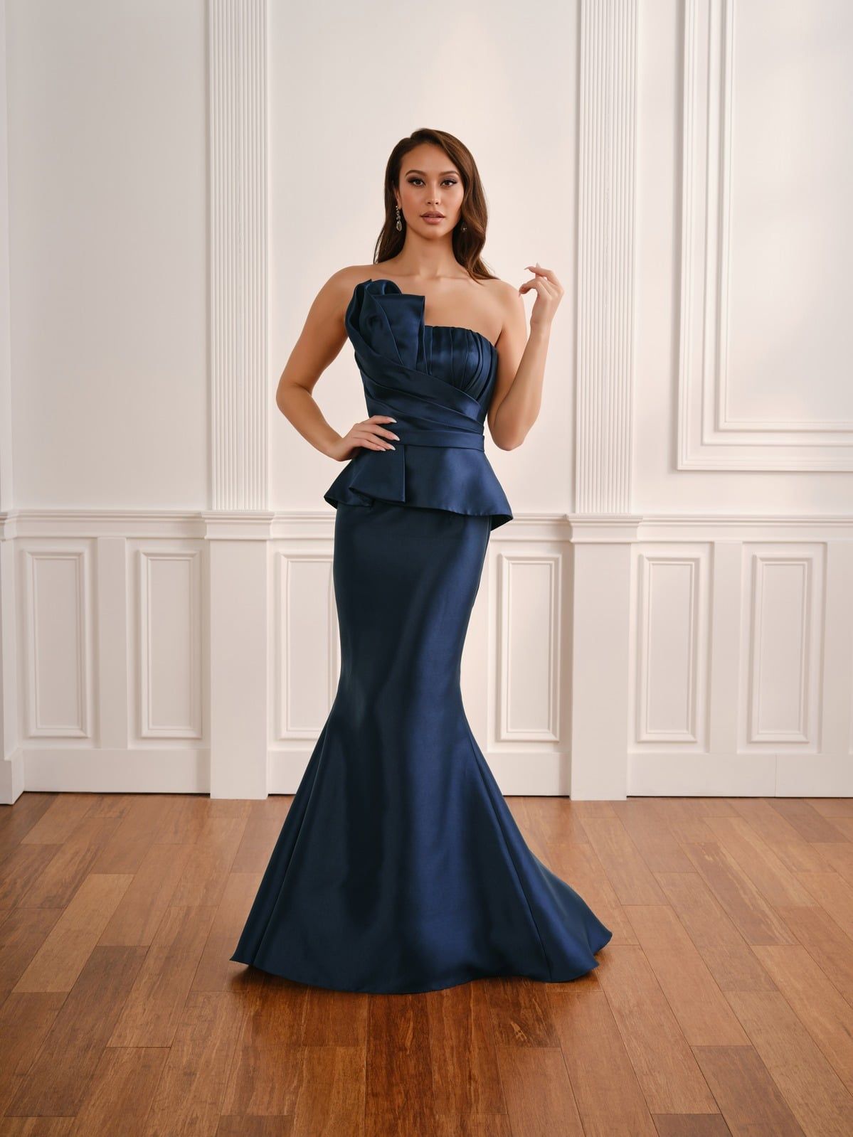 Fifi's Private Collection – Style UM209: Asymmetrical Sculpted Peplum Satin Trumpet Gown