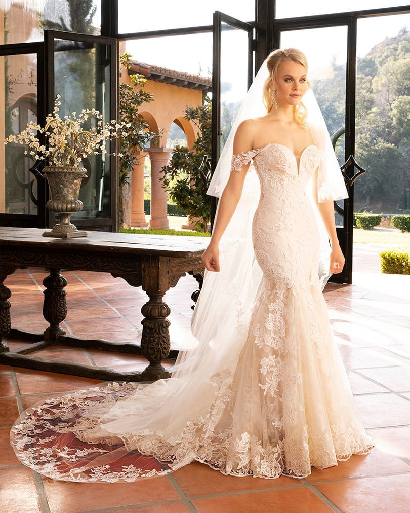 Woman in a white wedding dress with a long train and veil. Standing in front of a window.