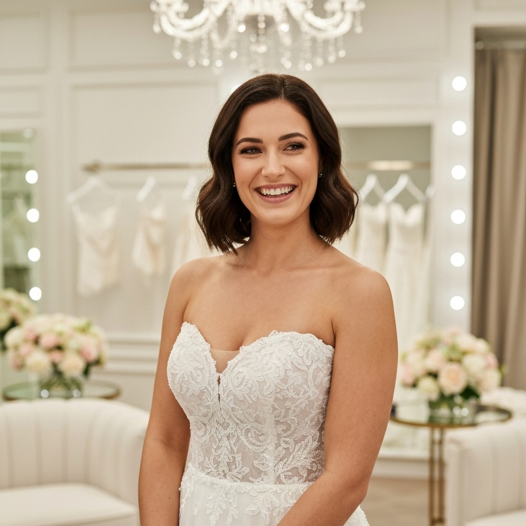 Woman in strapless wedding dress smiles in a bridal shop, surrounded by gowns and flowers.