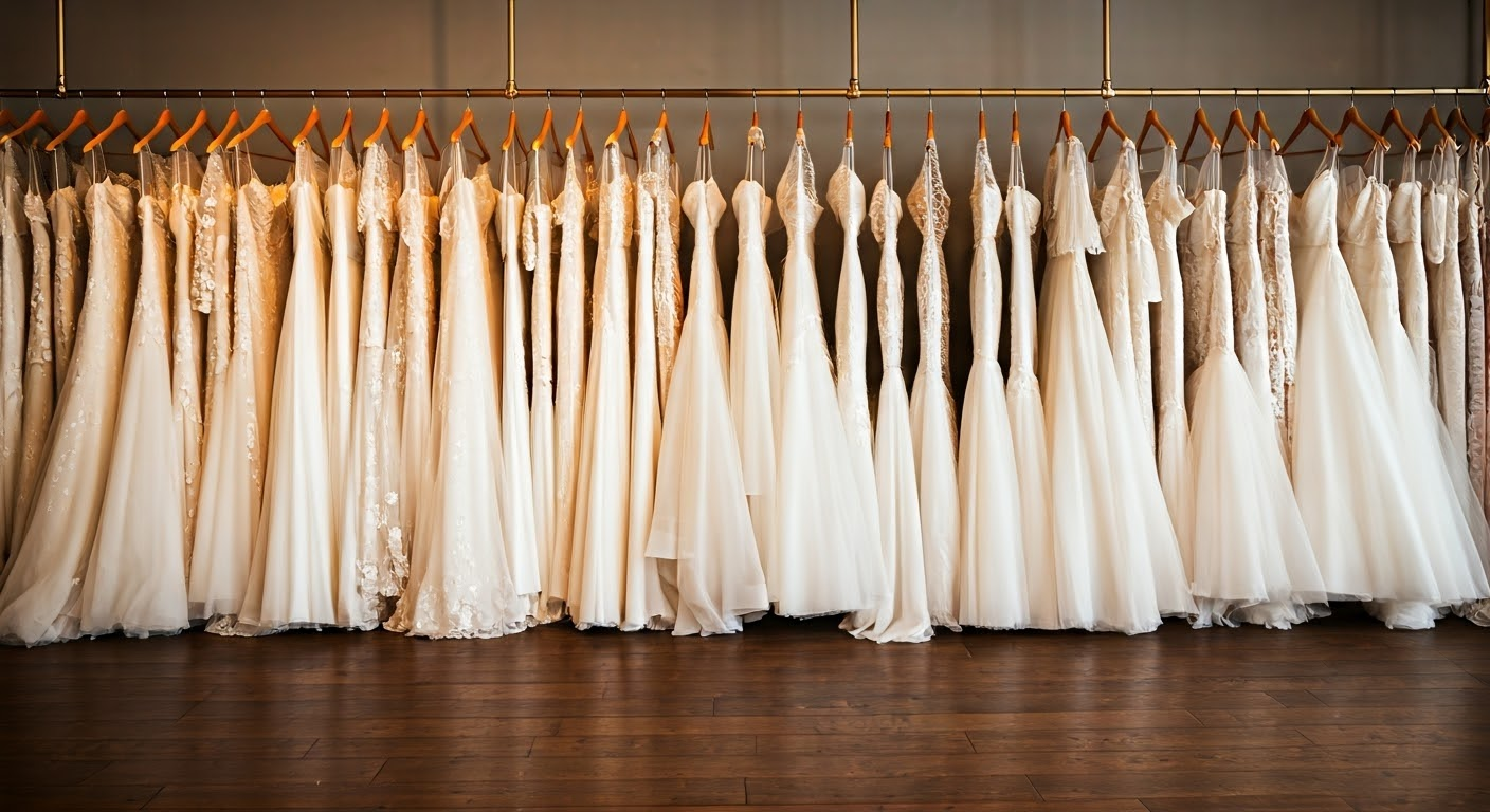 Row of white wedding dresses hanging on wooden hangers.