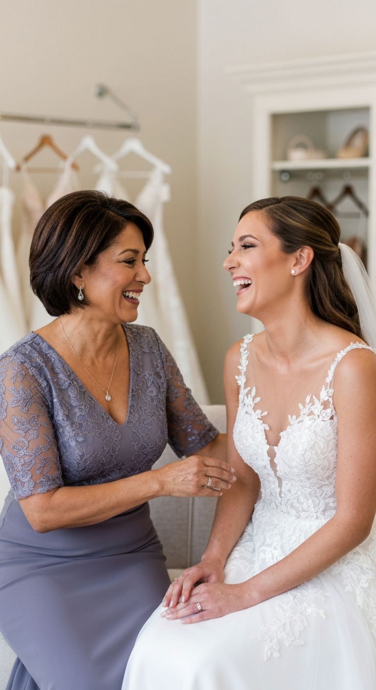 Bride laughing with older woman in a wedding dress shop; woman in purple dress touches her arm.