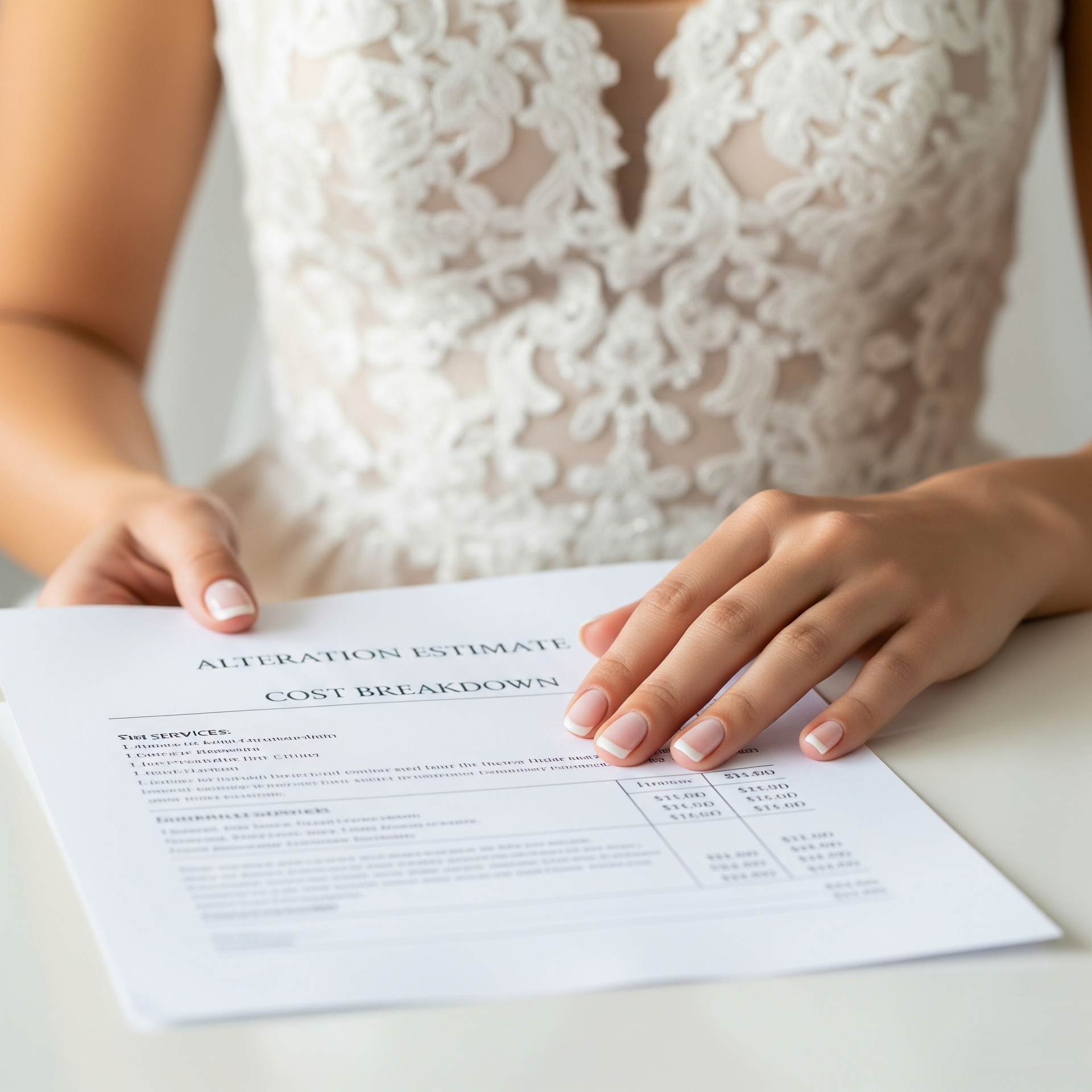 Bride in a lace dress holding an alteration estimate.