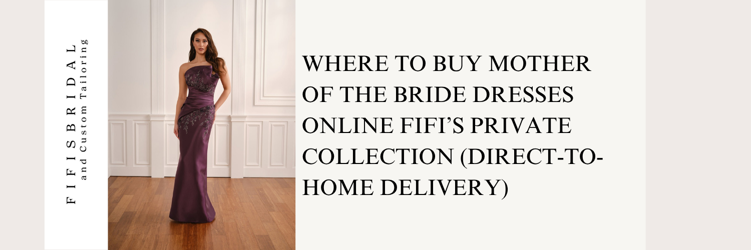 Woman in burgundy midi dress beside text: where to buy Mother of the Bride dresses online with private collection.