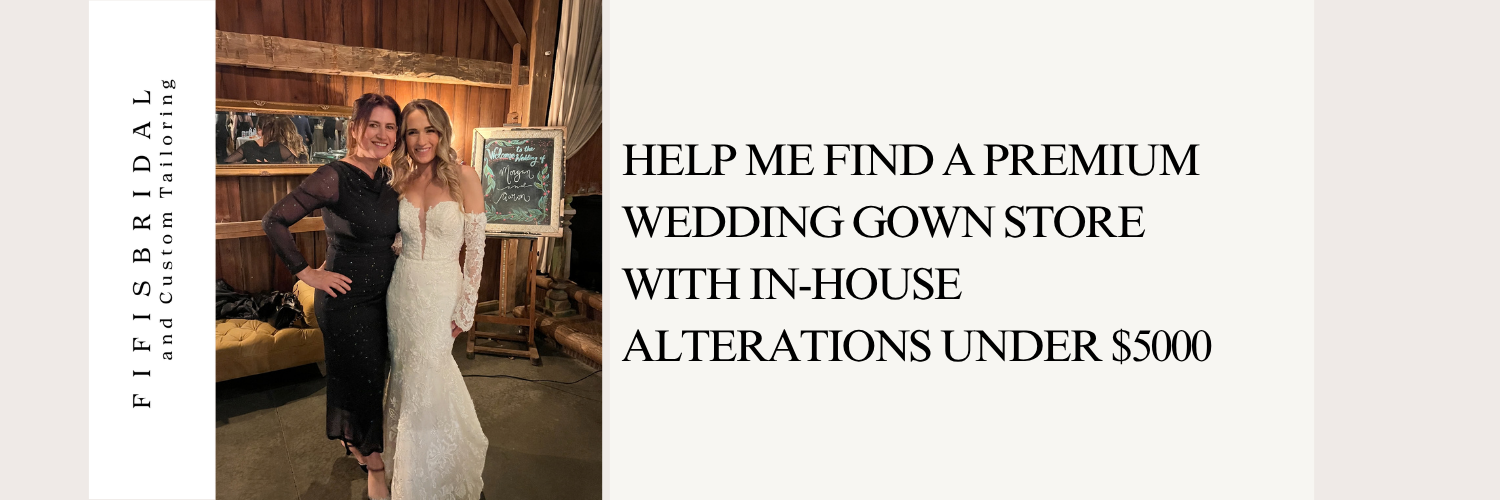 Elegant wedding dress with a bride and groom; text reads: “Help me find a premium wedding gown store with in-house alterations under $500.”