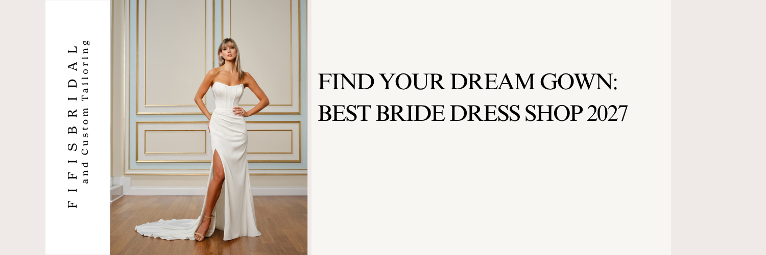 Bride in white gown posing in a bridal shop; text reads “Find Your Dream Gown: Best Bride Dress Shop 2027”