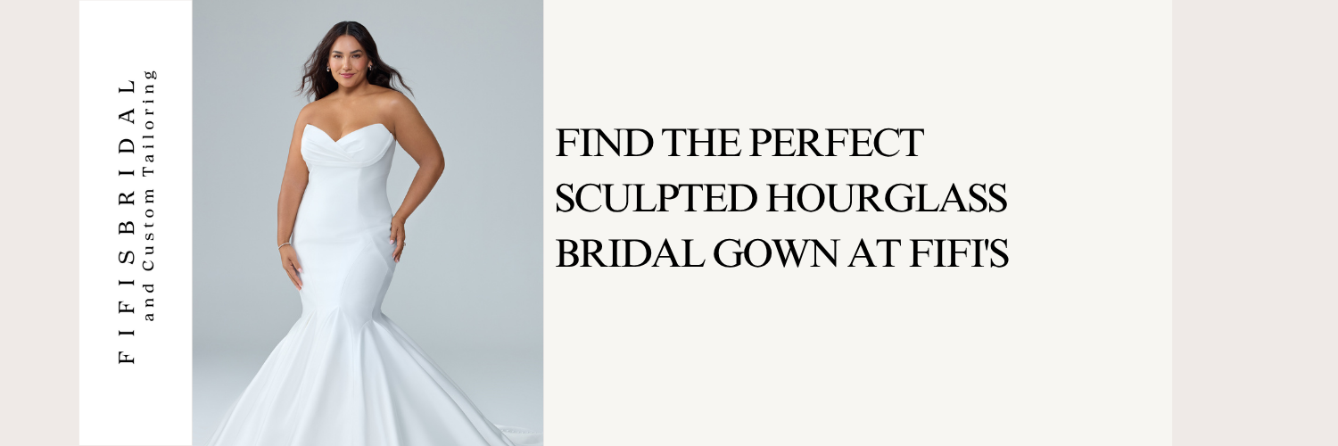 Woman in a white bridal gown beside text: “Find the perfect sculpted hourglass bridal gown at Fits.”