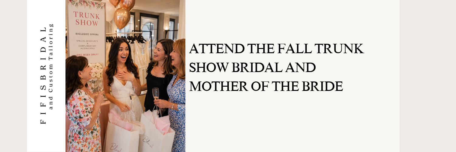 Fall trunk show ad with two women in pink dresses and text inviting brides and mothers of the bride.
