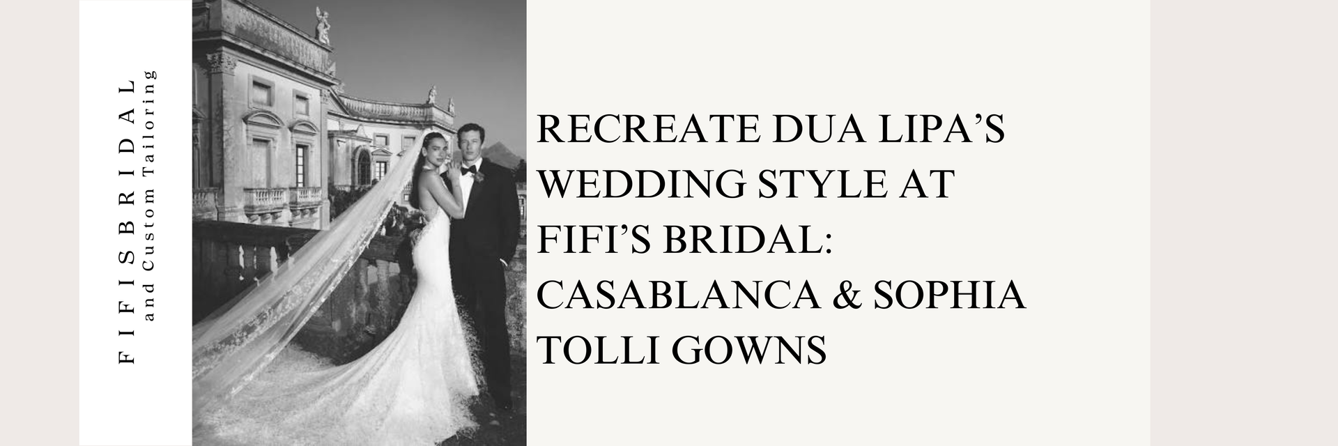 Bride and groom walking hand in hand down a street, bride’s long veil trailing behind them.
