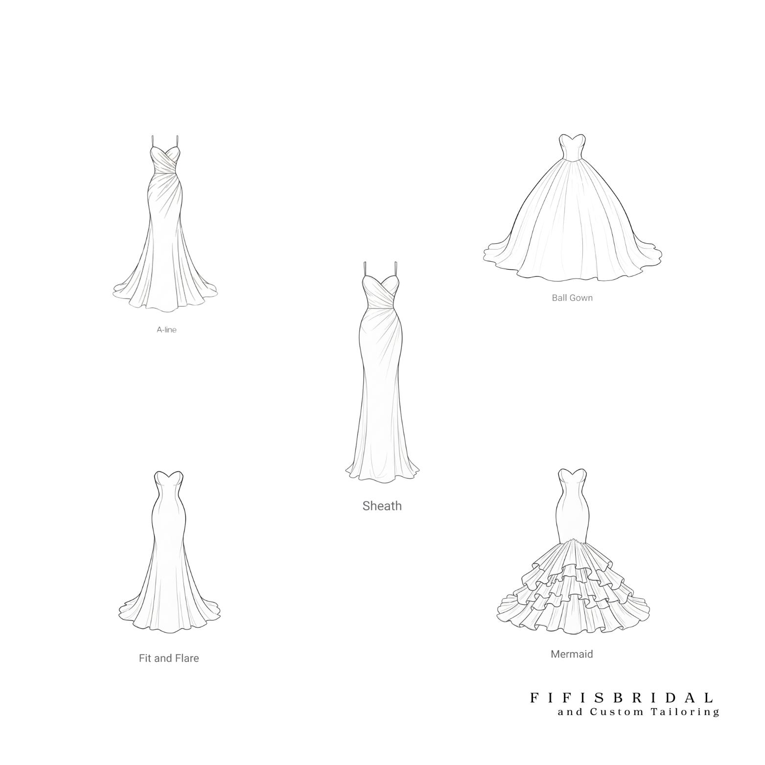 Five different line drawings of wedding dresses labeled: A-line, Sheath, Ball Gown, Trumpet, and Mermaid. Five different line drawings of wedding dresses labeled: A-line, Sheath, Ball Gown, Trumpet, and Mermaid.