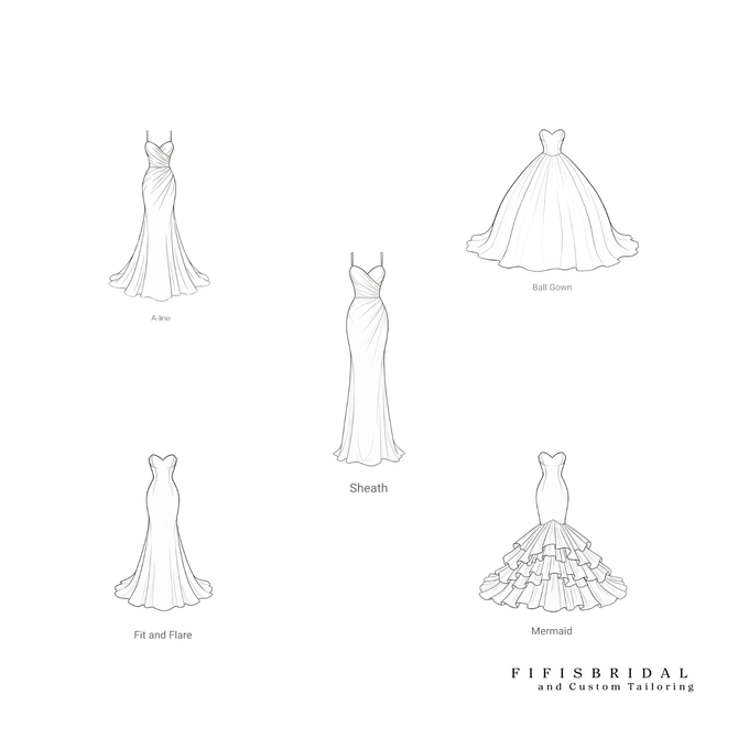 Five different line drawings of wedding dresses labeled: A-line, Sheath, Ball Gown, Trumpet, and Mermaid. Five different line drawings of wedding dresses labeled: A-line, Sheath, Ball Gown, Trumpet, and Mermaid.