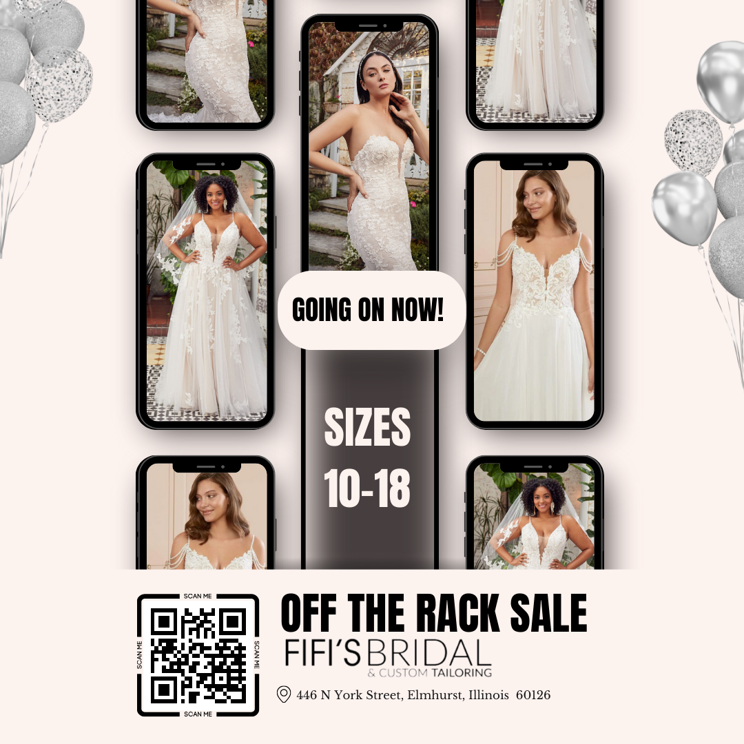 Off the rack sale at Fifi's Bridal for sizes 10-18. Dresses displayed on phones with balloons.