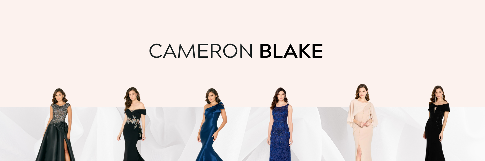 Cameron Blake dresses, women in formal gowns.