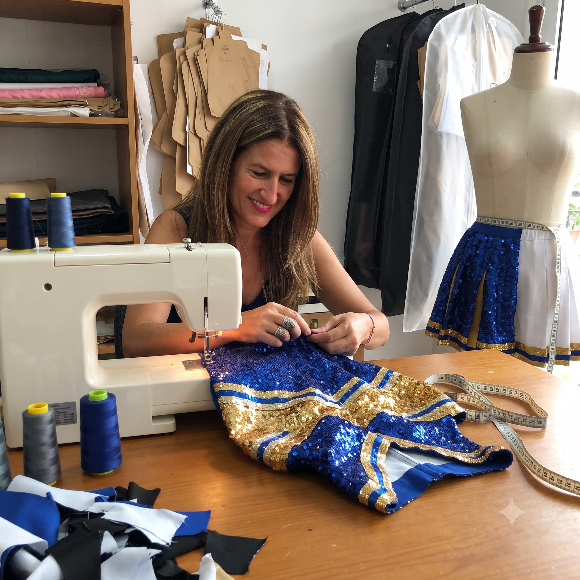 Seamstress sewing blue and gold fabric at a workspace with a dress form and mannequin skirt. Seamstress sewing blue and gold fabric at a workspace with a dress form and mannequin skirt.