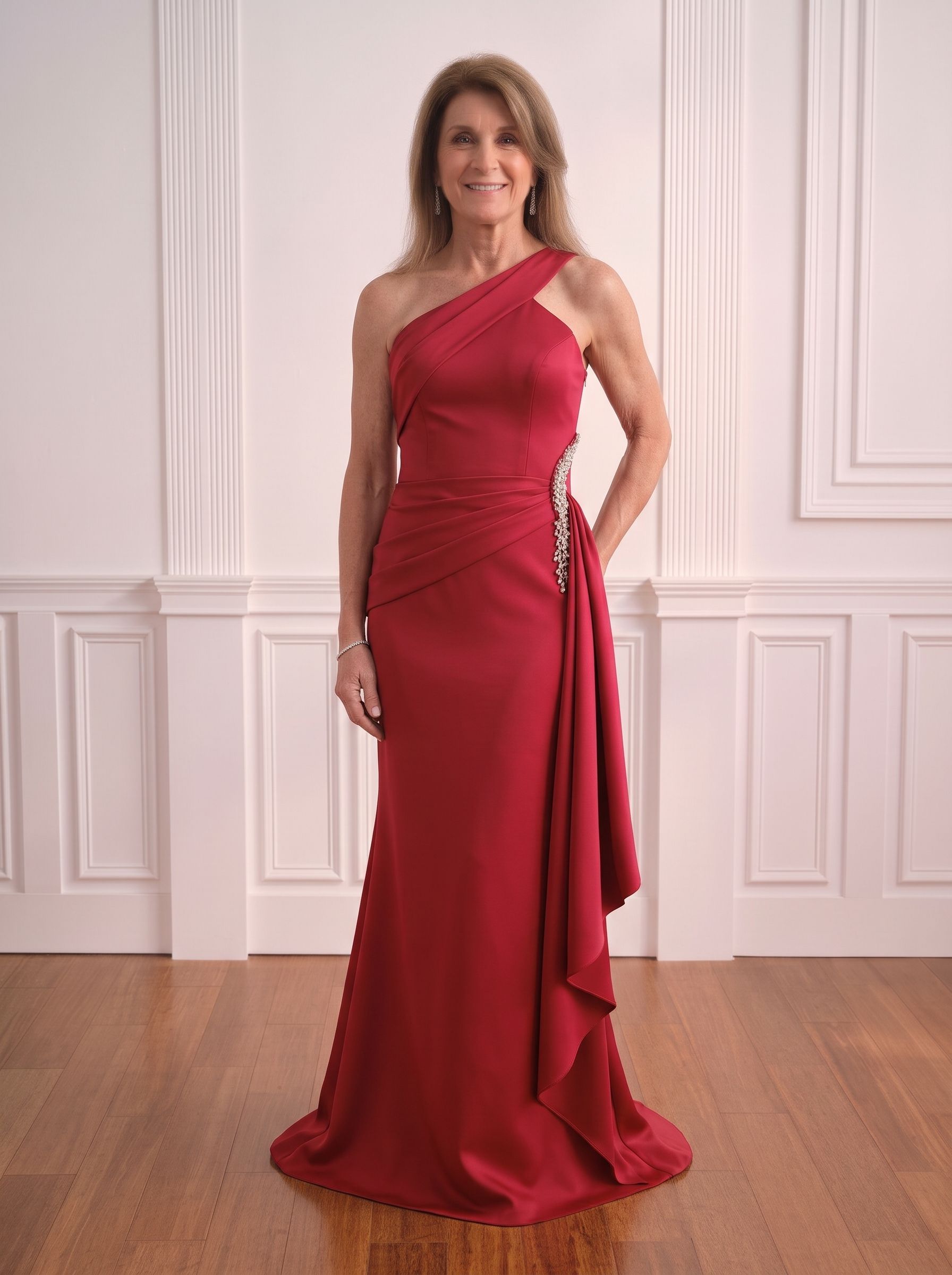 Woman in a one-shoulder dark green gown standing in a paneled room with wood floors.