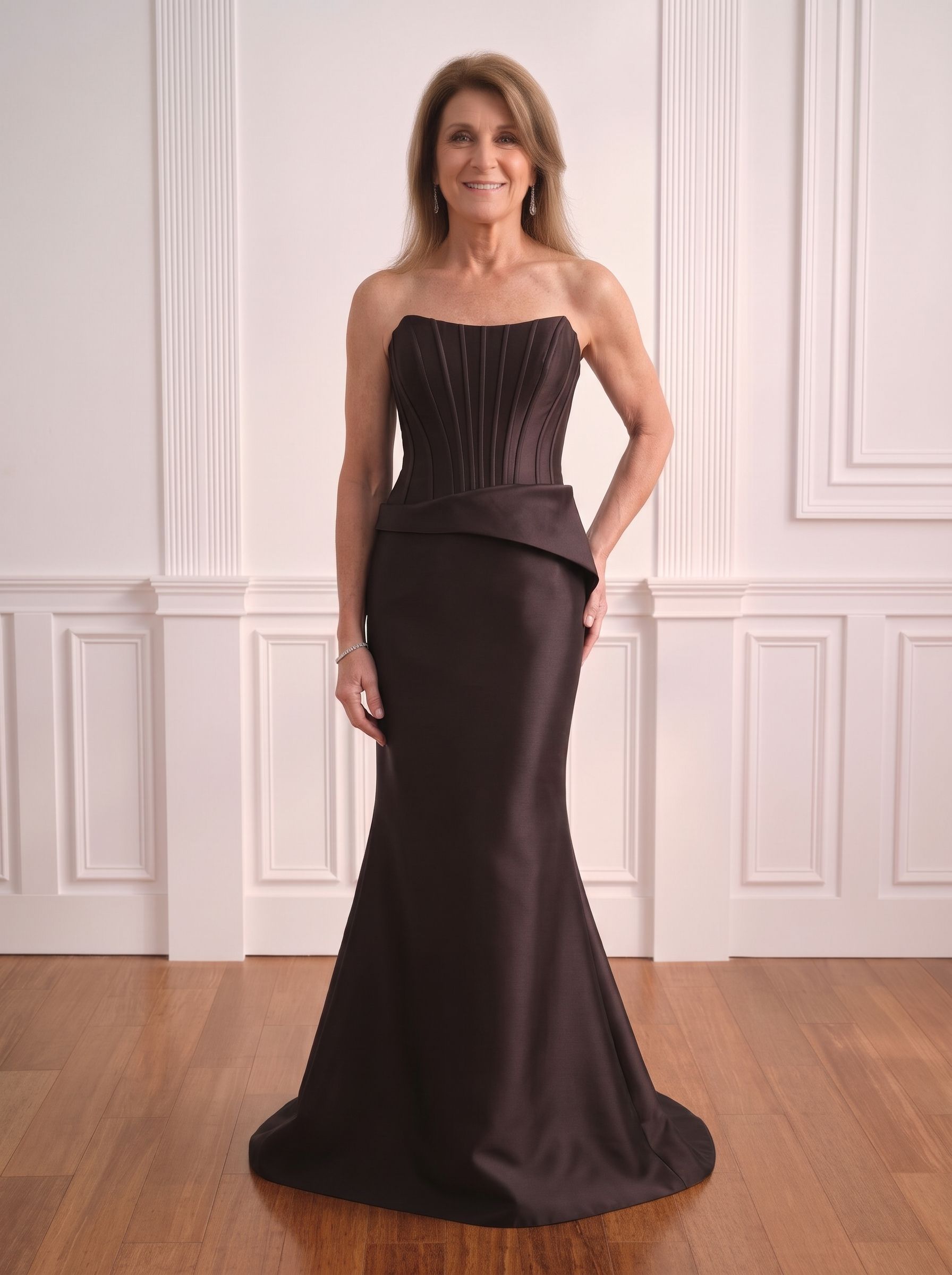 Woman in a dark brown strapless gown standing in a white paneled room.