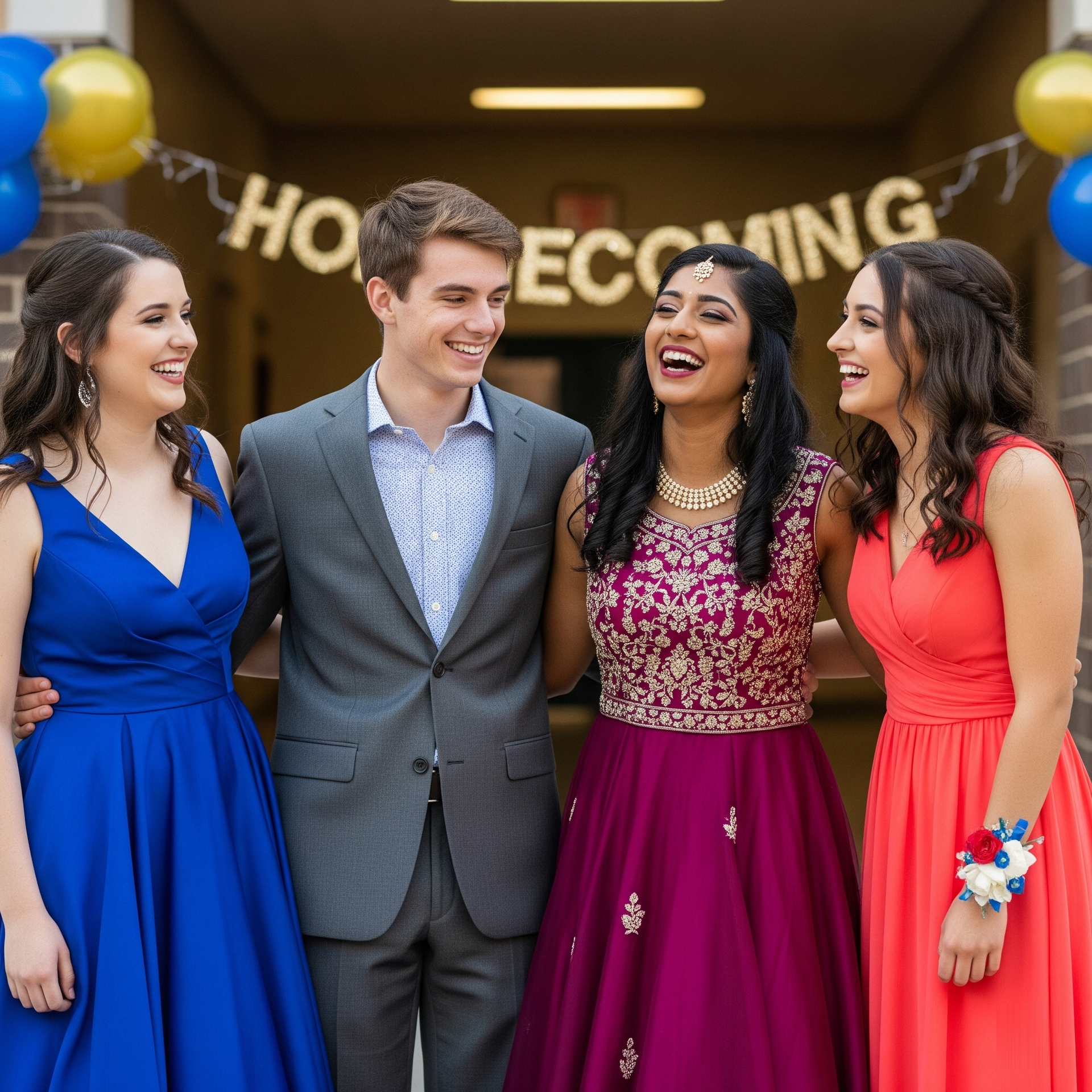 Four students smiling at homecoming. Two women in dresses, two in a suit. Yellow and blue balloons, 