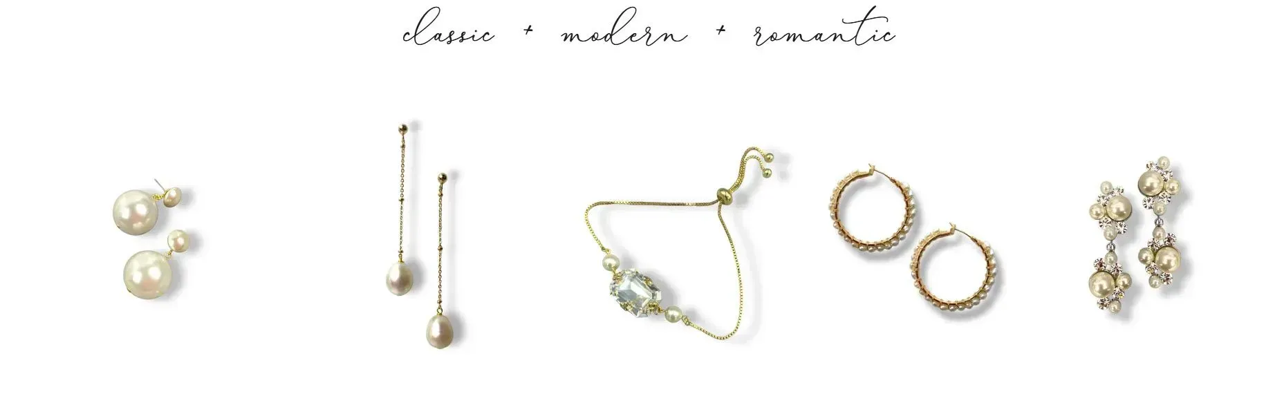 Jewelry collection featuring earrings and bracelet with pearls against a white background.