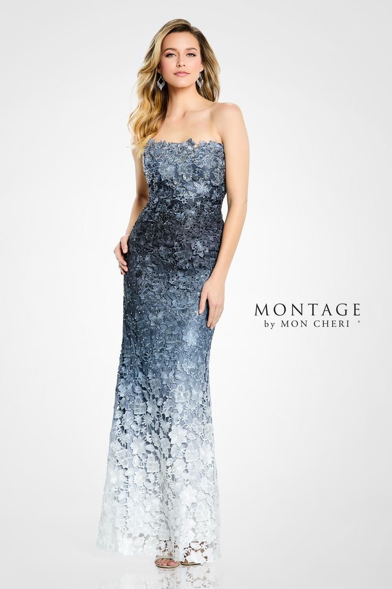 Woman in a blue ombre strapless gown, standing in front of a white background.