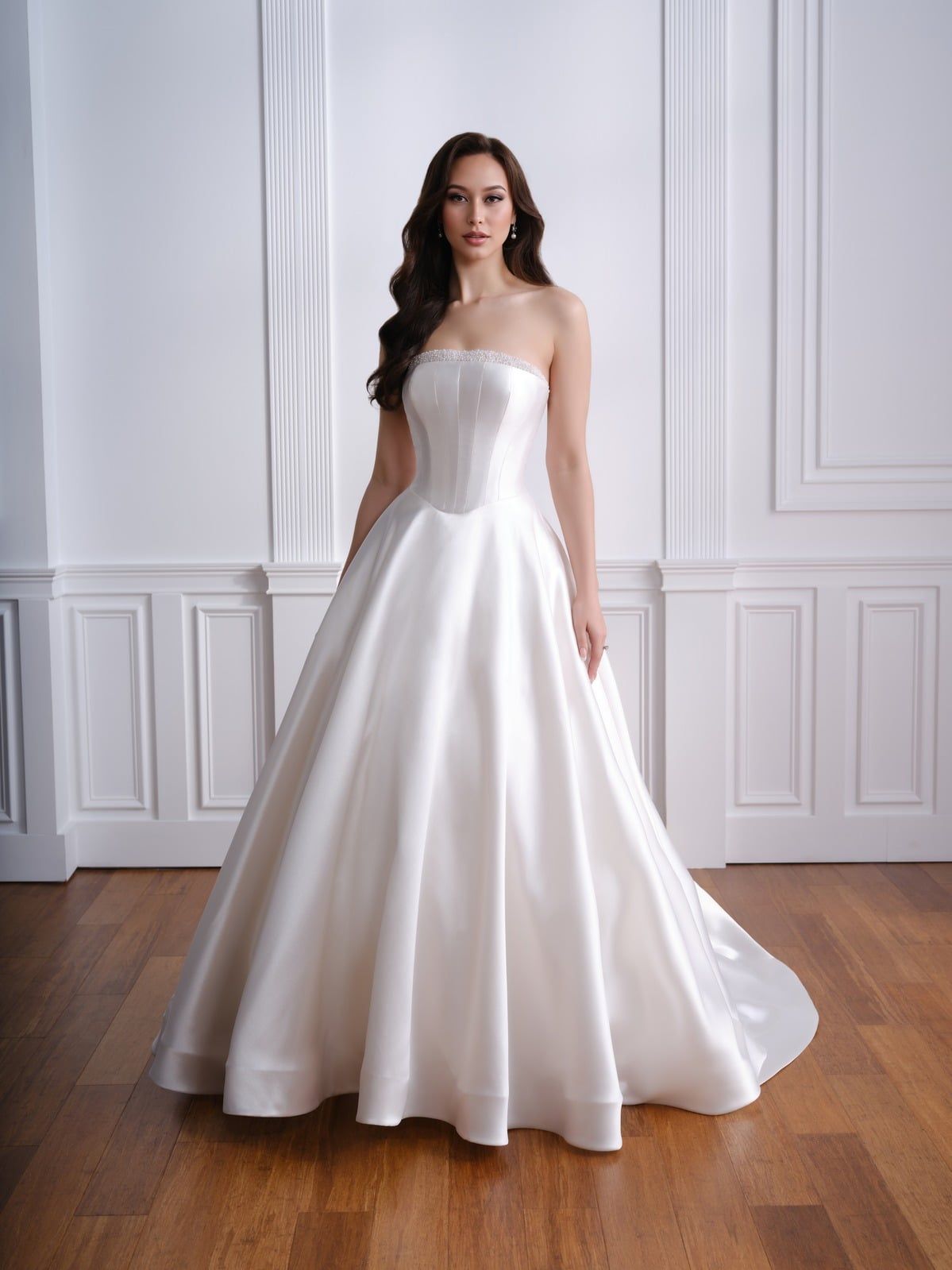 Woman in a strapless white gown standing against a bright paneled wall