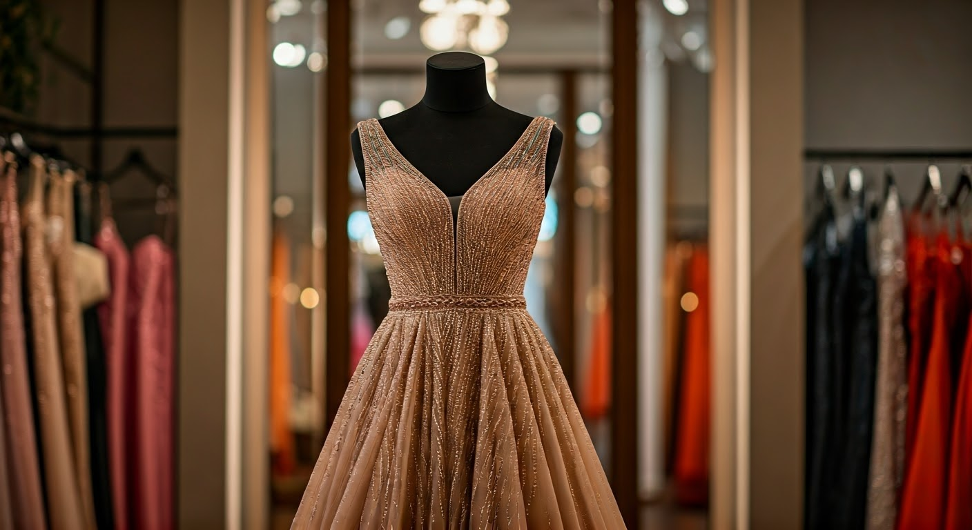 Formal gown on a mannequin in a clothing store, gold sequins, v-neck, surrounded by other dresses.