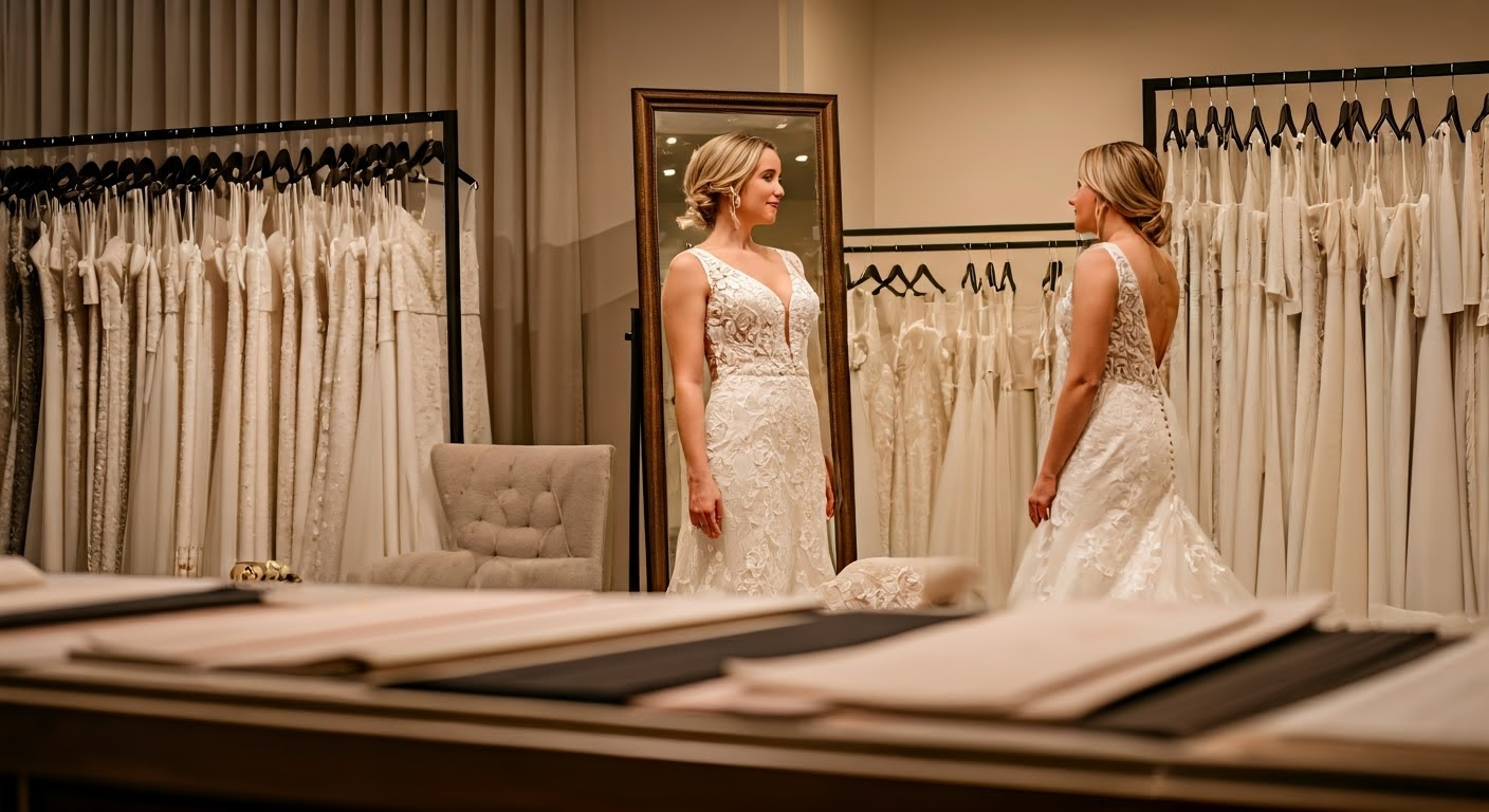 Woman in wedding dress looking in mirror in bridal shop.