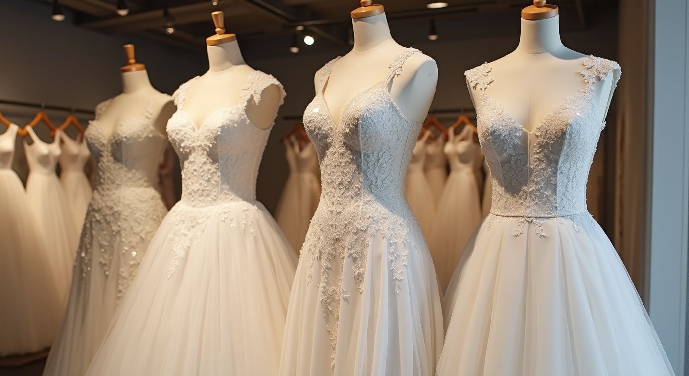 Wedding dresses displayed on mannequins in a bridal shop.