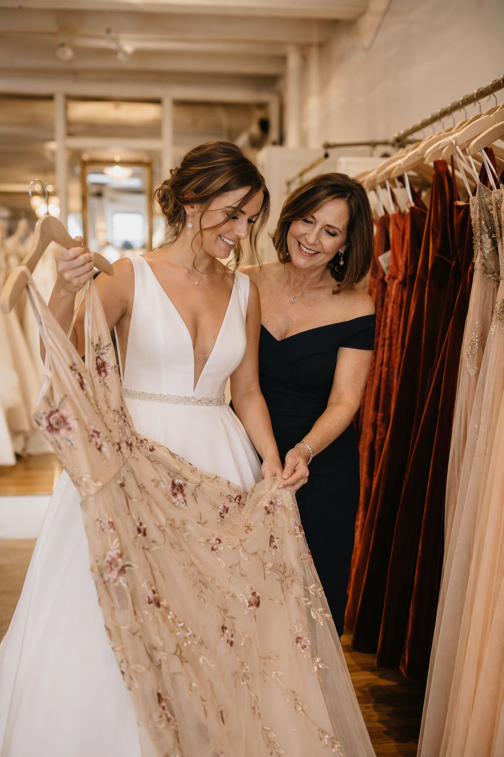 Woman trying on a blush floral dress while another smiles in a boutique clothing store Woman trying on a blush floral dress while another smiles in a boutique clothing store