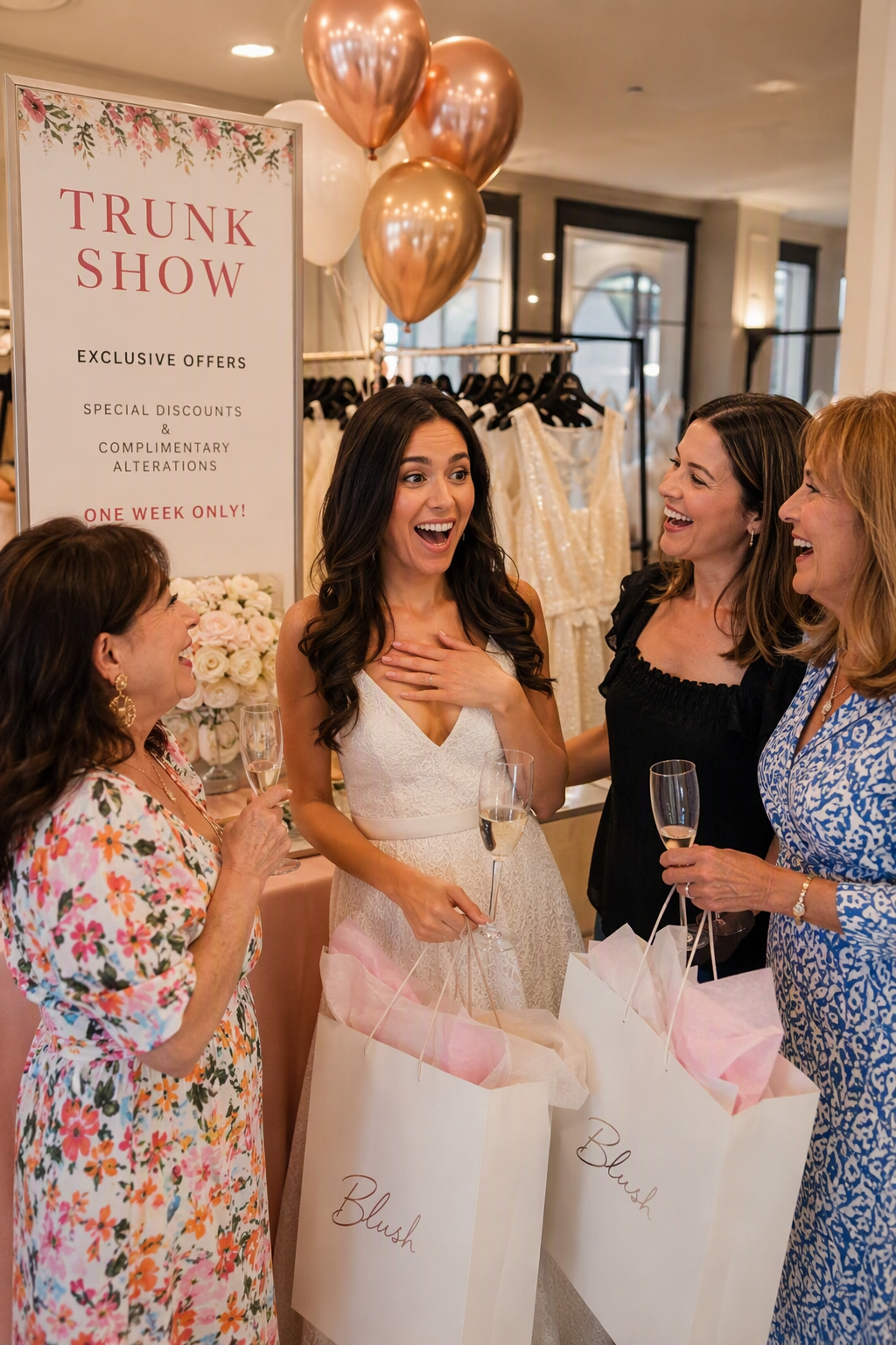 Women chatting at a boutique trunk show with pink balloons and white gift bags. Women chatting at a boutique trunk show with pink balloons and white gift bags.