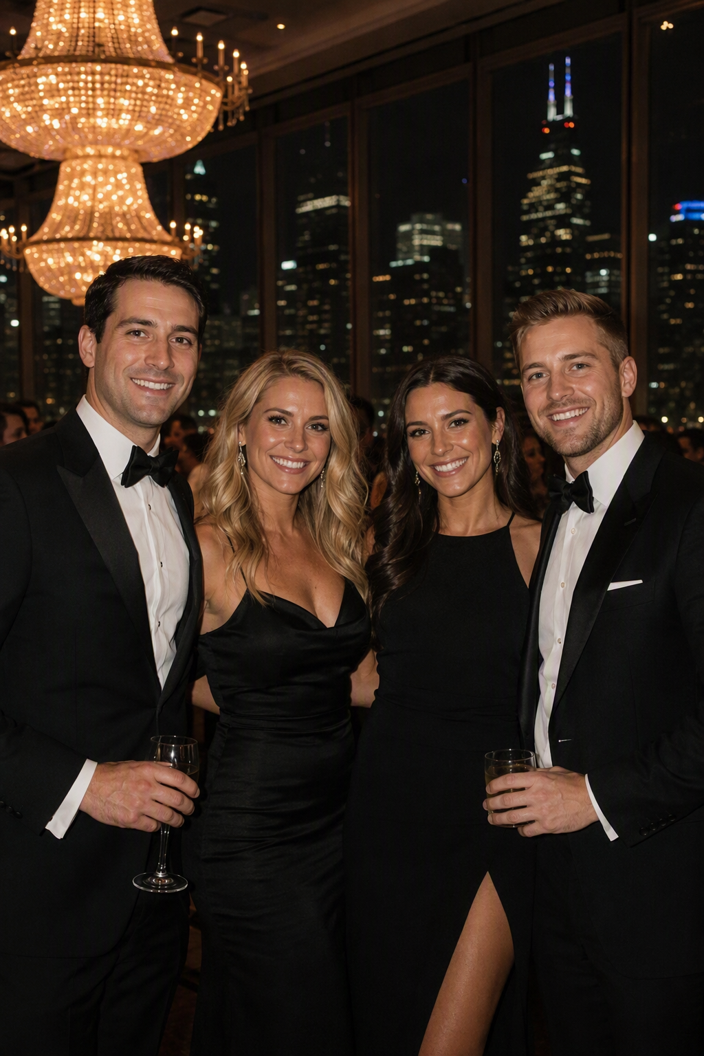 Four people in formal black attire posing with drinks at a nighttime city-view event