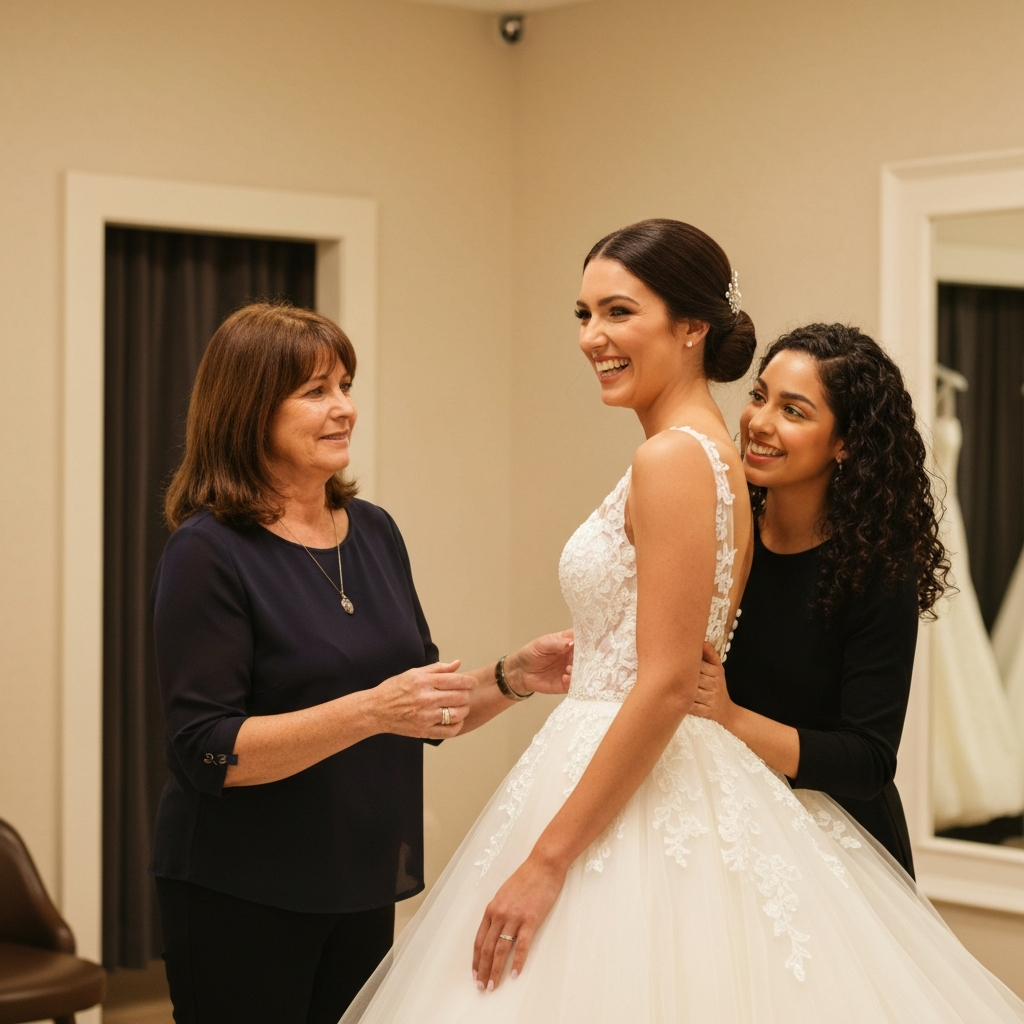 A bride smiles while trying on a wedding dress, assisted by two women in a bridal shop.