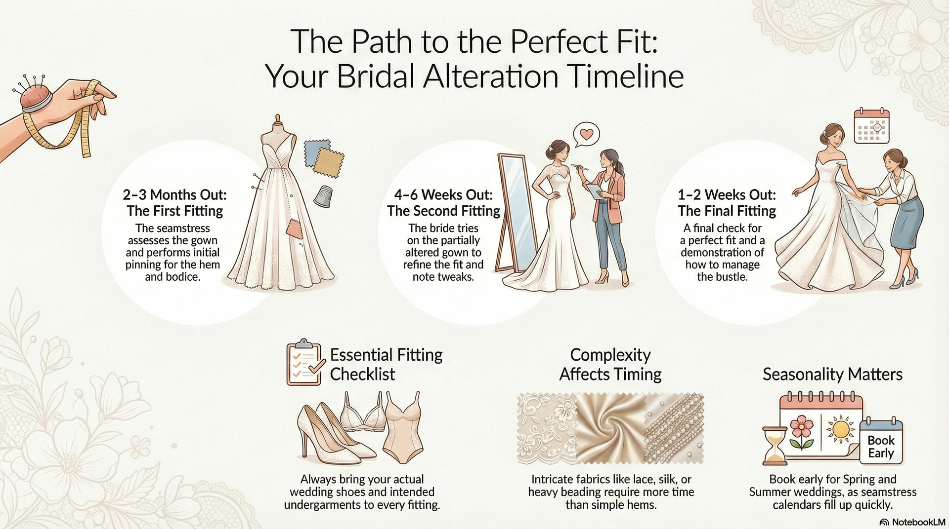 Timeline for bridal alterations: 3-month fitting, 4-week trial, and 1-2 week final fitting. Timeline for bridal alterations: 3-month fitting, 4-week trial, and 1-2 week final fitting.