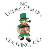 Logo for Big Leprechaun Moving Co, featuring a cartoon leprechaun in a green hat and clothes holding a house model.