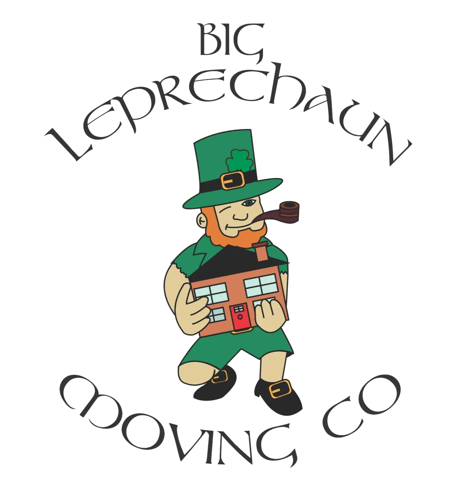 Logo for Big Leprechaun Moving Co, featuring a cartoon leprechaun in a green hat and clothes holding a house model.