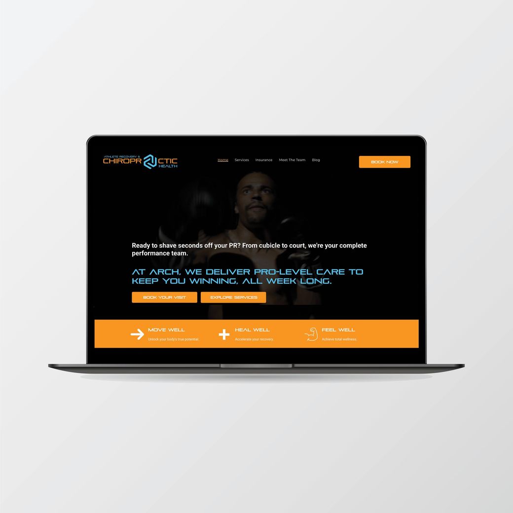 Laptop screen displaying the Arch website, a fitness and wellness provider, with a black background and orange accents.
