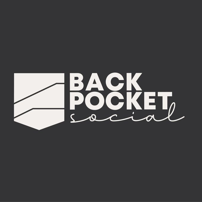 Logo for Back Pocket Social: a white pocket graphic beside the words "BACK POCKET social" in white and script font.