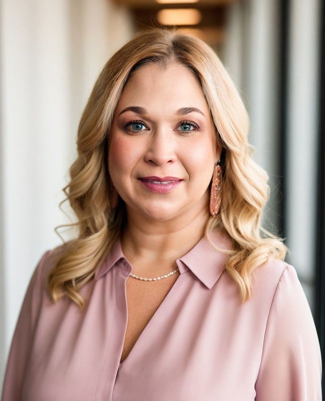 Portrait of a smiling blonde woman in a pink blouse against a softly lit indoor background