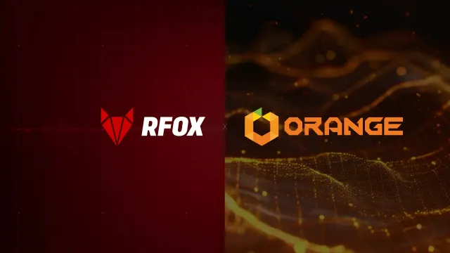 Two logos RFOX and Orange Web3 side-by-side in a red and orange digital abstract background