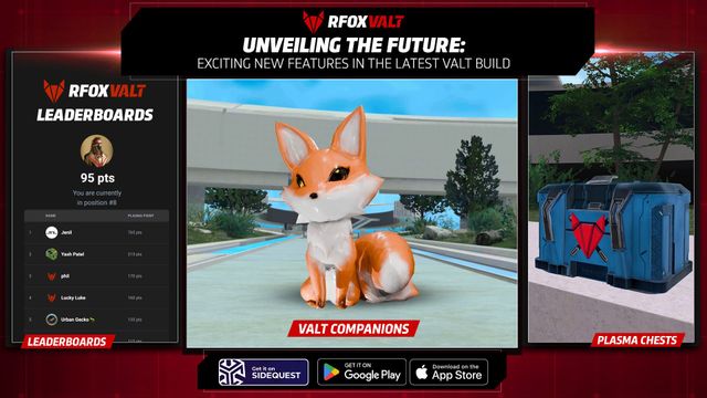 Three frames with Leaderboards on the left, an Orange FoX in the middle, and a blue Plasma XP chest