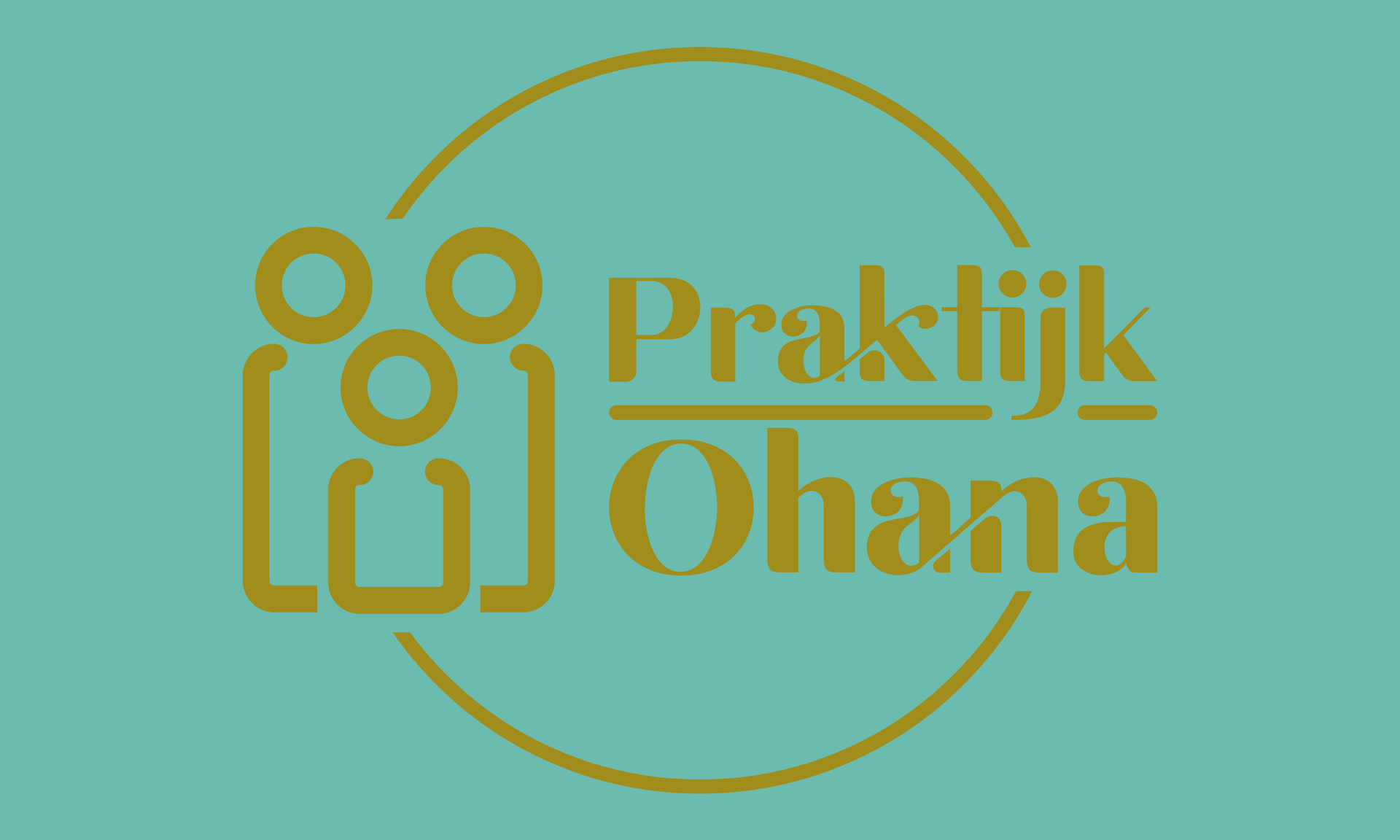 Gouden icoon met drie figuren in een cirkel naast de tekst "Praktijk Ohana" op een turquoise achtergrond.