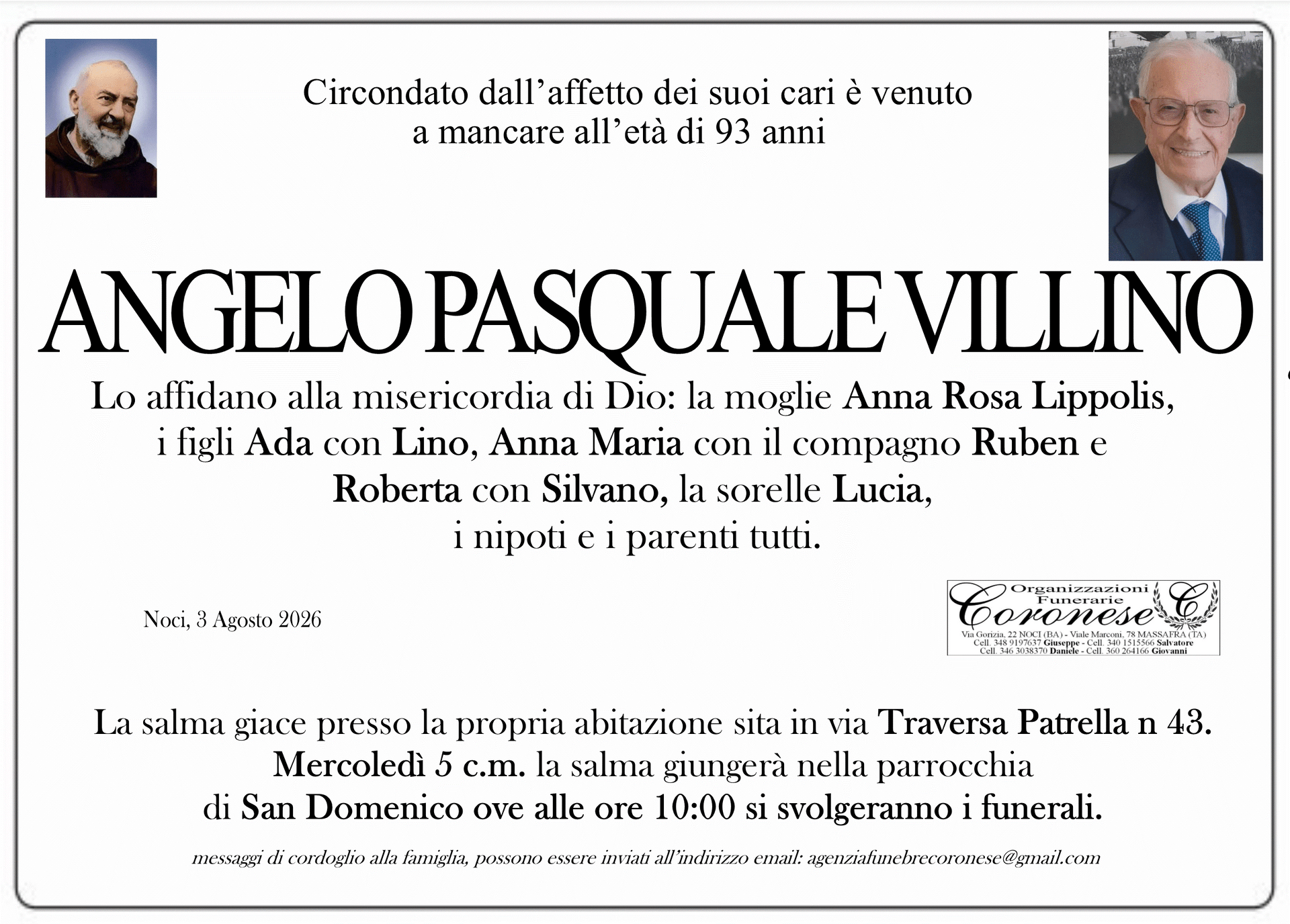 necrologio ANGELO PASQUALE VILLINO